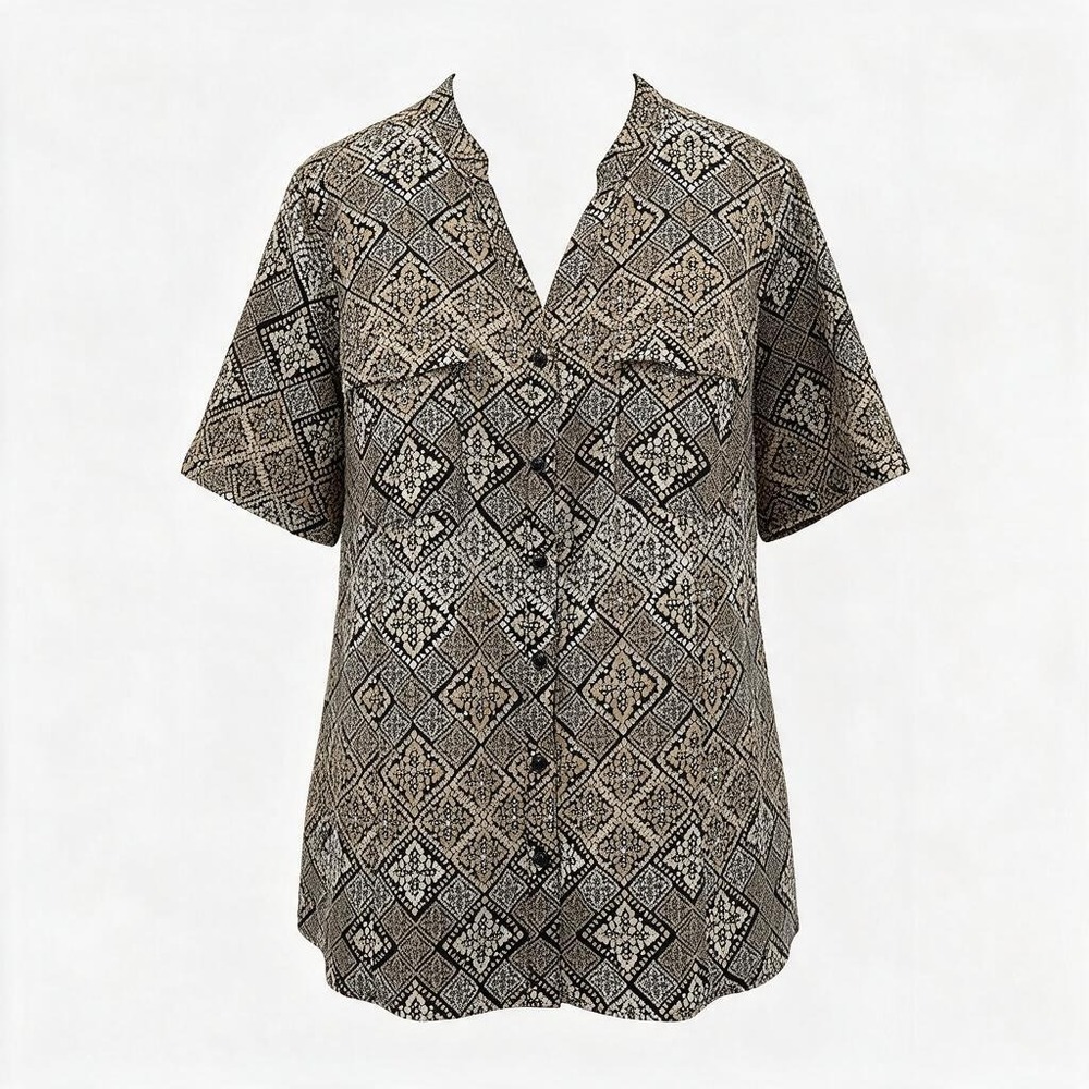 Catherine's Short Sleeve Blouse Banded Collar Button-up Brown Women's 2X 22/24W